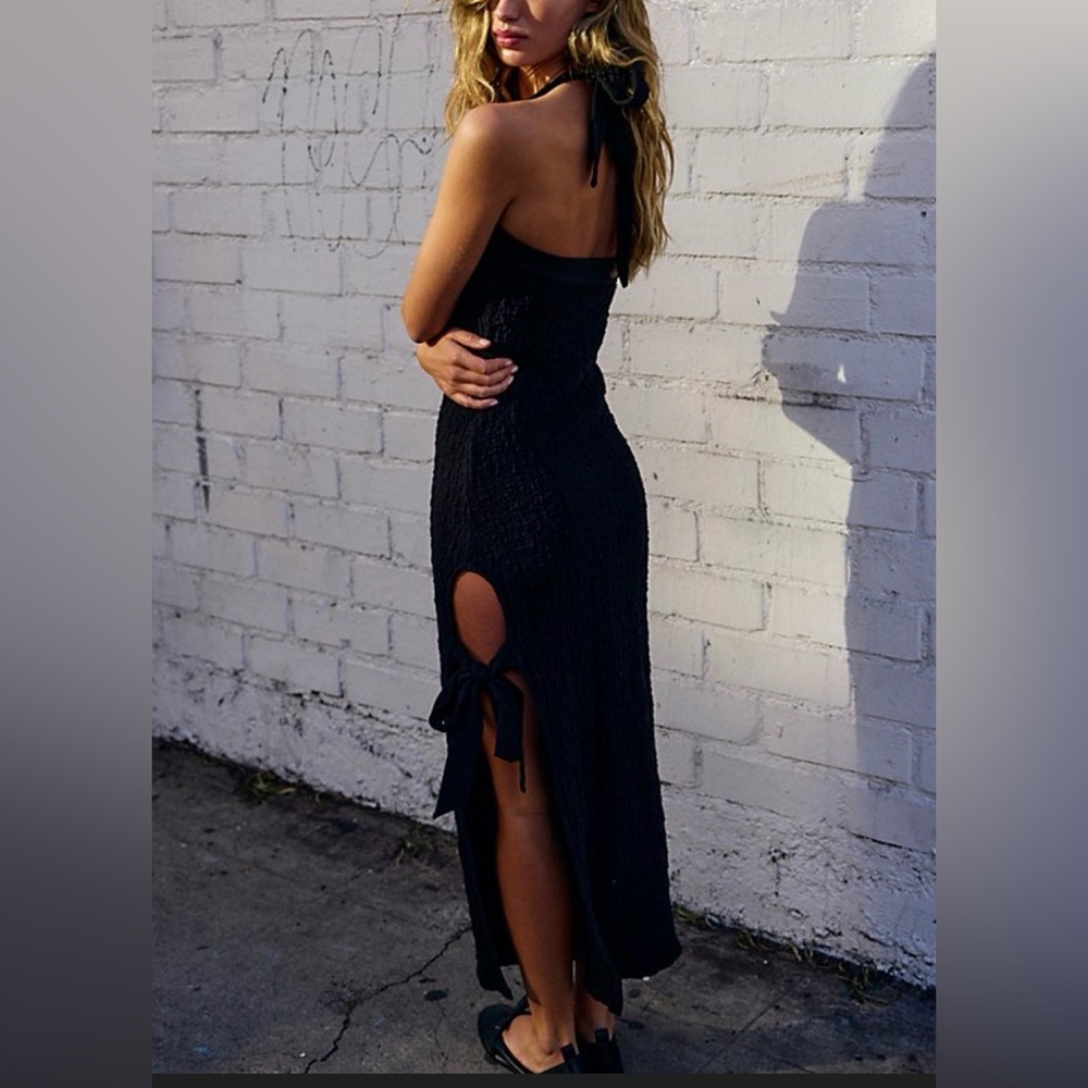 NWOT Free People Sea Foam textured midi dress bodycon tie neck and side slit - Picture 2 of 14
